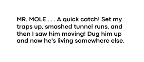 MR MOLE A quick catch Set my traps up smashed tunnel runs and then I saw him moving Dug him up and now he s living somewhere else